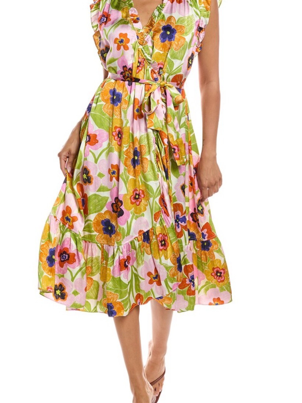 FRNCH Paris Floral Ruffled Tie-Waist Midi Dress in Pink, Green & Yellow